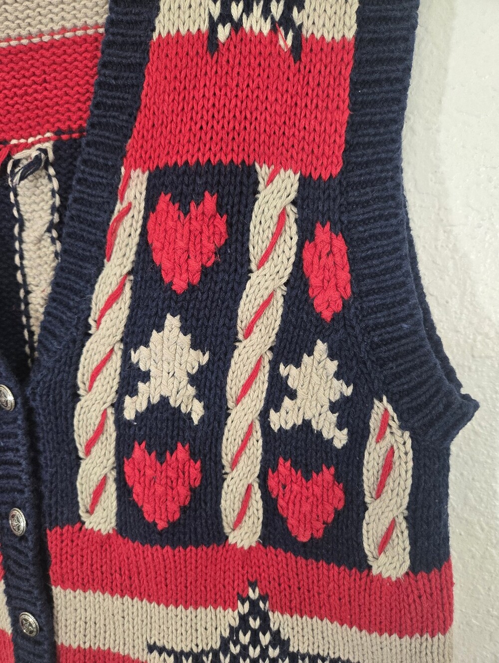 Christopher & Banks Americana Vintage Red/Navy/Tan Star Heart Button Vest, S - Picture 2 of 8